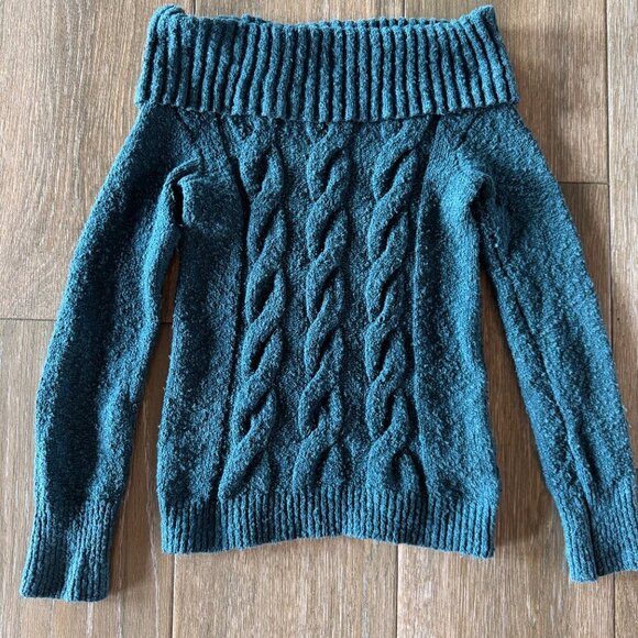 Free People Cable Foldover off the Shoulder sweater in teal size small - Picture 3 of 10